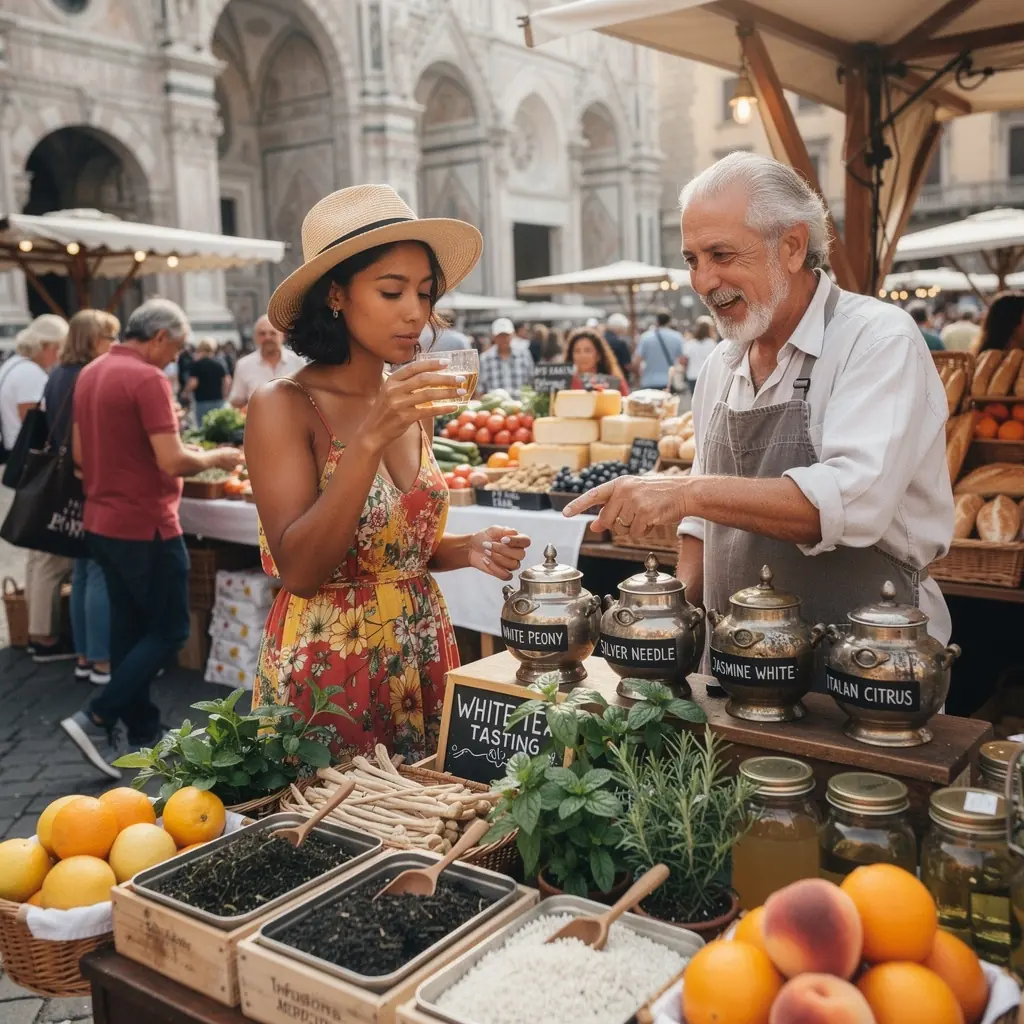 Una tazza di tè bianco fumante su un tavolo di legno.