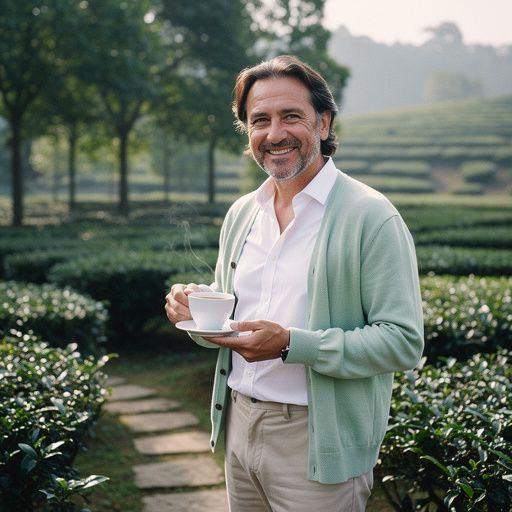 Una tazza di tè bianco fumante su un tavolo di legno.