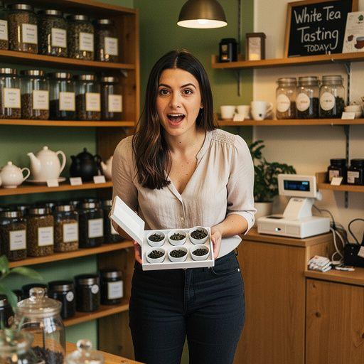 Foglie di tè bianco essiccate sparse su un piatto bianco.