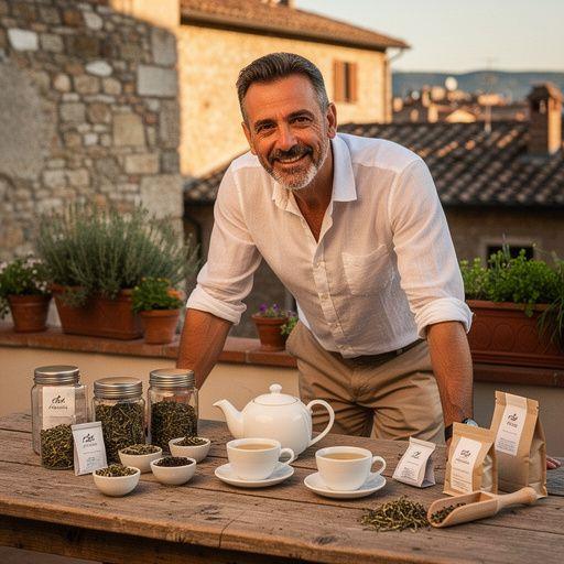 Una persona che versa tè bianco in una tazza di ceramica.